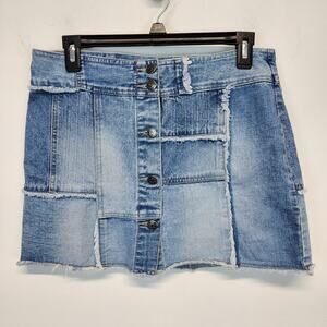 Stephen Hardy Y2K Denim Mini Skirt Size 9/10 Blue Fringe Patchwork Grunge Indie